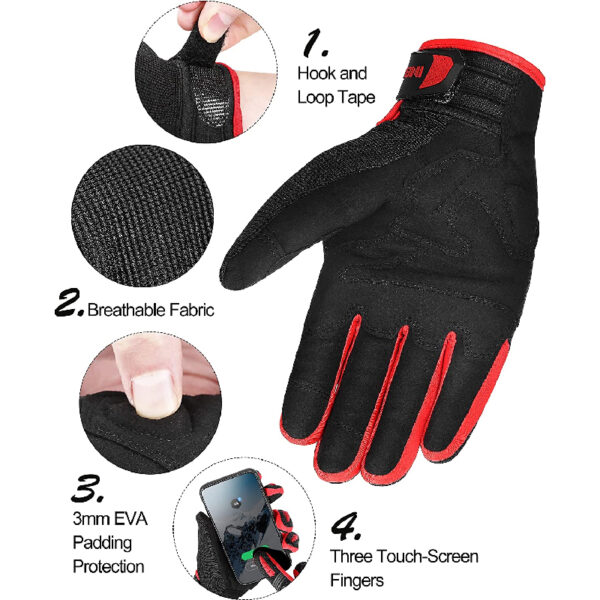 Leather Motorbike Gloves SS-403 Additional Features such as hook and loop tape, breathable fabric, 3MM eva padding protection, touch screen fingers are showcased.