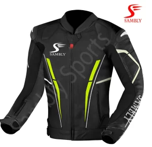 Zoomed front view of the Motorbike Leather Jacket SS-501 by Sambly Sports