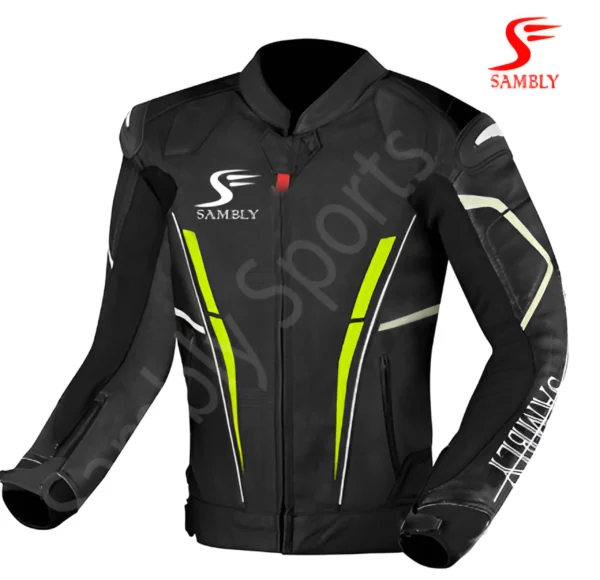 Front view of the Motorbike Leather Jacket SS-501 by Sambly Sports