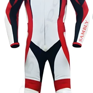 Front side of the red, white and black color Leather Suit SS-106