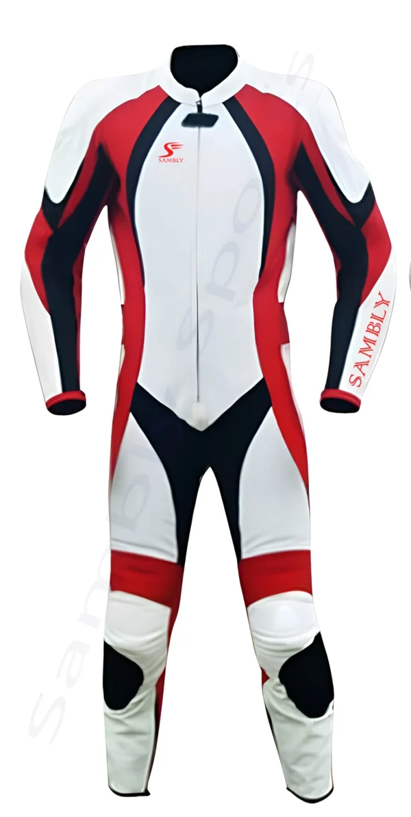 Front side of the red, white and black color Leather Suit SS-106