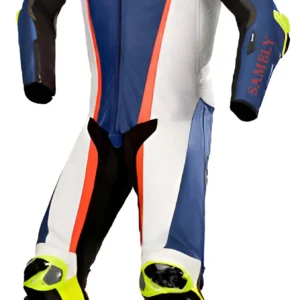 Front-side view of the Motorbike Leather Suit SS-107 by Sambly Sports