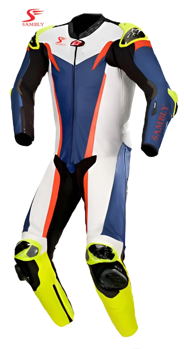 Front-side view of the Motorbike Leather Suit SS-107 by Sambly Sports