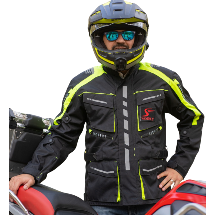 a man is standing behind a Motorbike and wearing a Textile Jacket