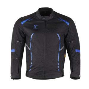 Motorcycle Jacket SS-541 in black color having Navy Blue color Styling and brand logo of 'Sambly Sports' on the chest.